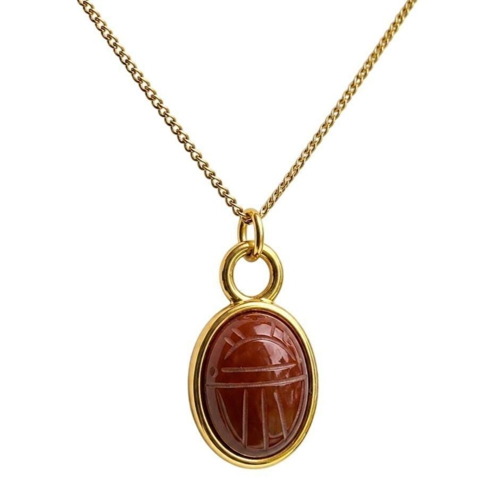 Vintage Large Amber‎ Gold Scarab Necklace Genuine Stone Pendant 1970s